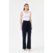Velnara Moda Lacivert İspanyol Paça Cepli Yüksek Bel Dokuma Kumaş Kadın Pantolon Lacivert - 918305891 Lacivert