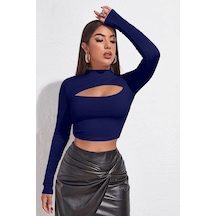 Angbutik Kadın Lacivert Göğüs Dekolteli Uzun Kollu Cut Out Crop Top Bluz