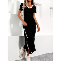 Veraura Lifestyle Kadın Kısa Kollu V Yakalı Yan Şerit Detaylı Viskon Uzun Elbise Siyah