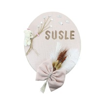 Süslebabypartystore Kuru Çiçek Tanzimli, Ayıcıklı, Isimli Oval Kapı Süsü, Pudra Renk Pudra