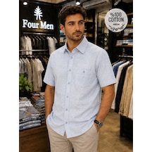 Eren Style Linen Keten Klasik %100 Cotton Kısa Kollu Terletmeyen Gömlek Bebe Mavi