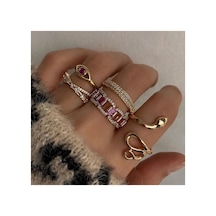 Solea - 5 Adet Parlak Pembe Taşlı Yılan Figürlü Tasarım Retro Şık Çoklu Gold Altın Yüzük Seti