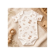 Cantaz Unisex Bebek Safari Hayvan Desenli %100 Pamuk Kısa Kollu Çıtçıtlı Body Zıbın Krem