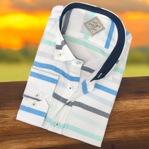 Pamuklu Uzun Kollu Mavi Çizgi Bloklu Erkek Gömlek Slim Fit Kalıp -9861 Mavi
