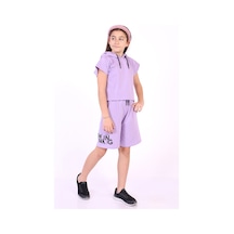 Toontoy Kids Toontoy Kız Çocuk 2'li Takım Baskılı Kapüşonlu T-shirt & Beli Lastikli Kapri Şort Lila