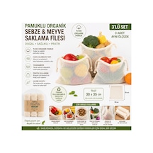 Organik Pamuk Meyve Ve Sebze Filesi 3'lü Set Büzgülü Yıkanabilir Saklama Kesesi Ekru