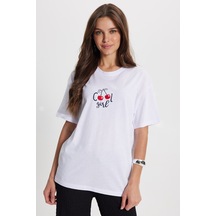 Tudors Kadın Oversize Geniş Kesim %100 Pamuk Bisiklet Yaka Kısa Kollu Baskılı Beyaz Tişört -50797