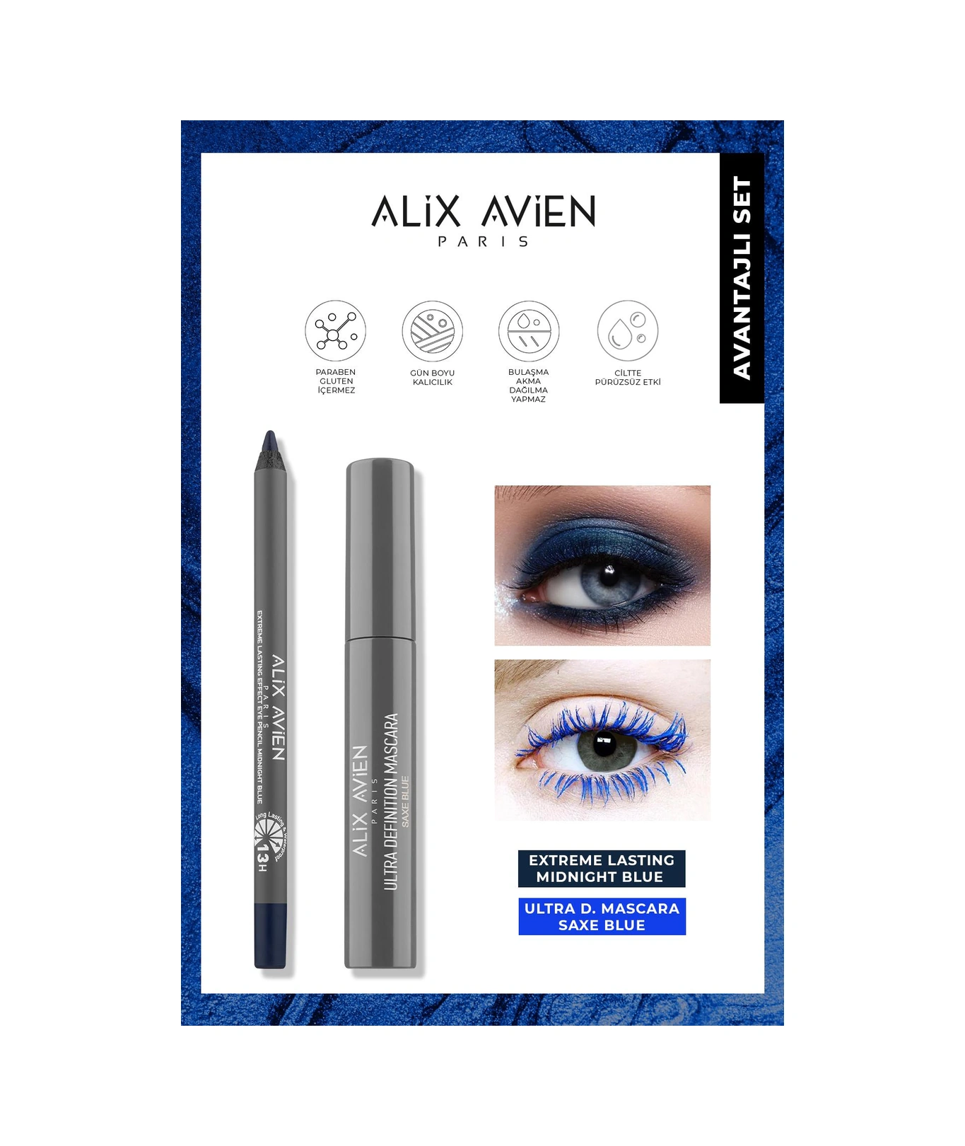 Alix Avien Uzun Süre Kalıcı Dolgunlaştırıcı Hacim Veren Topaklanmayan Suya Dayanıklı Mavi Göz Makyaj Seti