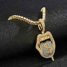 Kafatası Dudaklar Dil Kolye Tek Sıra Kolye Altın + Mavi Çok Renkli