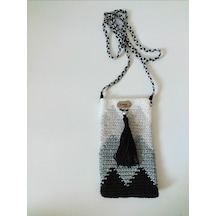 Kemzey Handmade Wayuu Telefon Çantası, El Yapımı Örgü Telefon Çantası Siyah - Beyaz