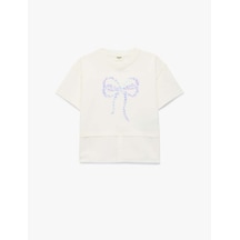 Koton Pullu Payetli Fiyonk Baskılı Ekru Kız Çocuk T-shirt 6skg10060ak Ekru