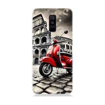 Samsung Galaxy A6 Plus Uyumlu Kırmızı Vespa Roma Sokakları Desenli Silikon Kılıf Çok Renkli