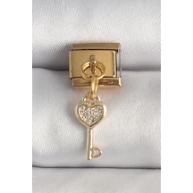 316l Çelik Gold Renk Sallantı Zirkon Taşlı Kalpli Anahtar Model Charm - Özel Seri Bzsurn010368 Altın