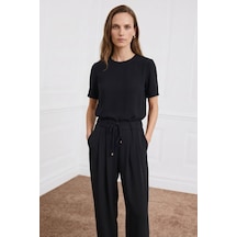 Sateen Kısa Kollu Bluz - Siyah-137405