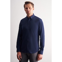 İmza Lacivert Düğmeli Yaka Kendinden Desenli Örme Uzun Kol Performans Ürün Slim Fit %100 Pamuk Gömlek 1004255272 Lacivert