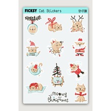 Sevimli Yavru Kedi Yılbaşı Yeni Yıl Temalı Sticker Seti - 11 Adet Etiket Çıkartma Diğer