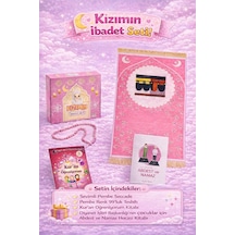 Kızımın İbadet Seti Kabe Desenli Kız Çocuk Seccade, Elifba Ve Namaza İlk Adım Seti Pembe