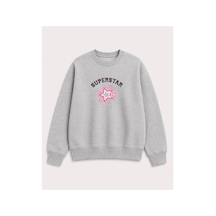 Herkesemoda Süperstar Baskılı 2 İplik Şardonlu Bisiklet Yaka Sweatshirt Gri
