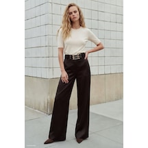 Sateen Kemer Detaylı Saten Pantolon - Kahve-137908