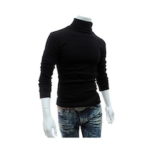 Siyah Sıcak Örme Gömlek Şık Üst Balıkçı Yaka Düz Renk Esnek Örme Gömlek Siyah