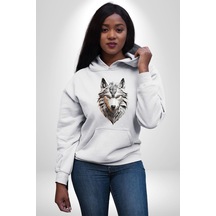 Beyaz Kurt Kafası Kadın Erkek Beyaz Kapüşonlu Sweatshirt Hoodie Beyaz