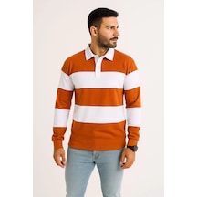 Erkek Polo Yaka Uzun Kollu Çizgili Sweatshirt Trend Rugby Stil - Turuncu Turuncu