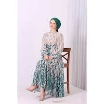 Neşeli Butik Kadın Şifon Eteği Fırfırlı Desenli Tesettür Elbise Sms008 Yeşil