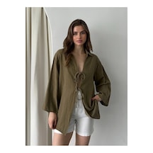 Laluvia Olive %100 Keten Bağcık Detaylı Kimono Bluz - 5218 Yağ Yeşili