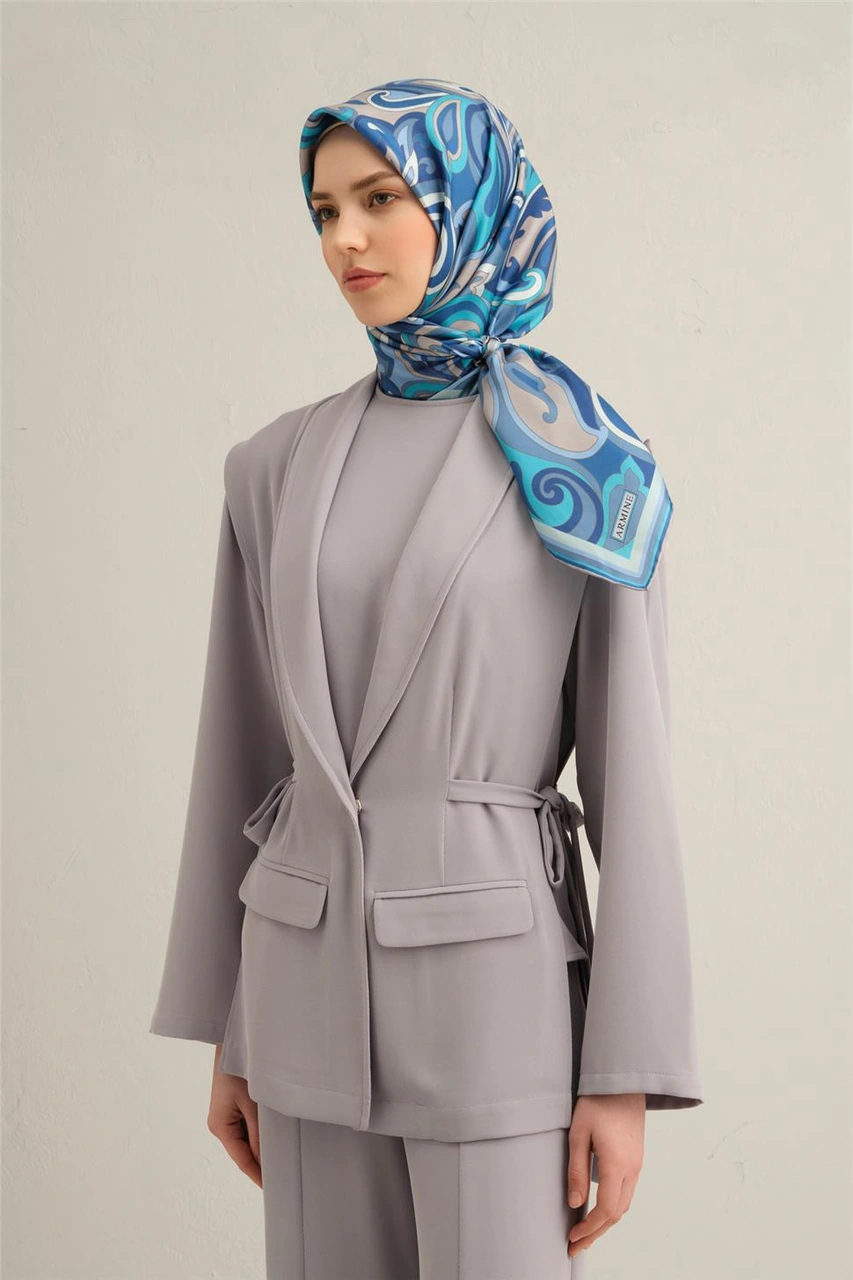 Armine Etnik Desenli Saf İpek Twill Eşarp 9323d 06 Mavi
