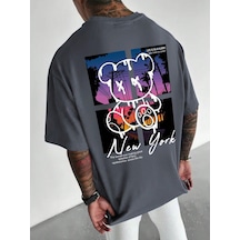 New York Bear Süprem T-shirt - Füme Baskılı Oversize Bisiklet Yaka Tişört Gri