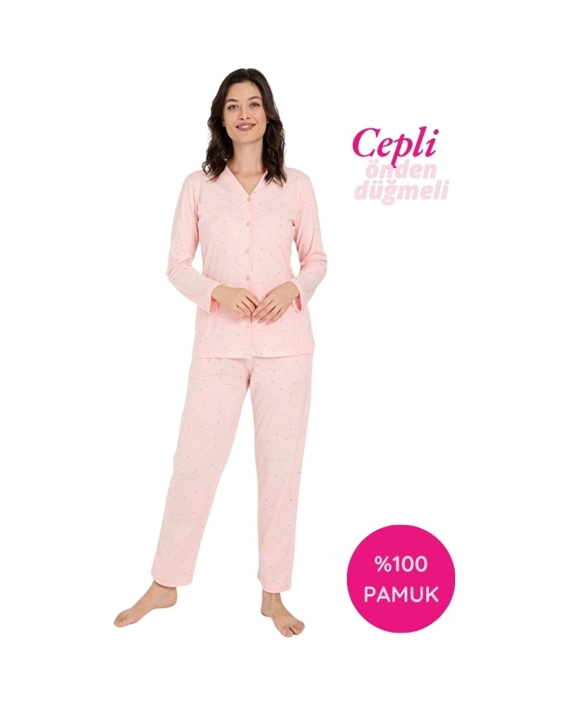 Guava Kadın V Yaka Önden Düğmeli %100 Pamuk Uzun Kol Cepli Pijama Takımı Pudra Guava Kadın V Yaka Önden Düğmeli %100 Pamuk Uzun Kol Cepli Pijama Takımı Pudra