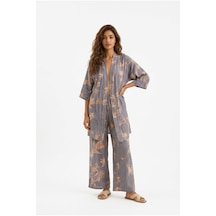 Kadın Desenli Kimono Gömlek Pantolon Takım Trend Alt Üst Takım Antrasit