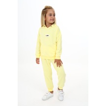 Toontoy Kids Toontoy Kız Çocuk 2'li Takım Baskılı Kapüşonlu Sweatshirt & Beli Paçası Lastikli Jogger Eşofman Altı - Garni Detaylı & 2 İplik Açık Sarı