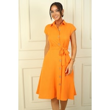 Önü Düğmeli Beli Kuşaklı Cepli Keten Elbise-38560-oranj