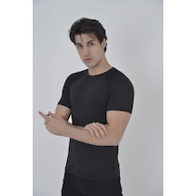 Erkek Omuz Fileli T-shirt Kısa Kol Bisiklet Yaka Slimfit Tişört - Siyah Siyah