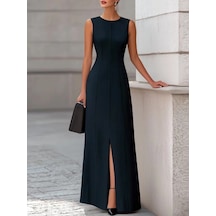 DefyModa Kadın Kolsuz Önden Nervurlu Yırtmaç Detaylı Uzun Janjan Krep Elbise Siyah