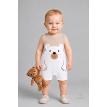Babyden's Erkek Bebek Yazlık Ayıcık Baskılı Fitilli Tulum %100 Pamuk Kolsuz Şort Tulum Yenidoğan Bebek Romper 0-9 Ay Bej