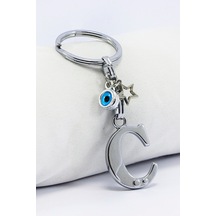 Gümüş Renkli Yıldızlı Nazar Boncuklu Metal C Harfi Anahtarlık / H