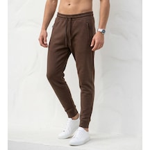 Plus Scorpion Erkek Slim Fit Eşofman Altı Pamuklu Kumaş, Fermuarlı Cepli, Rib Paça Kahverengi