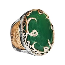 Doğal Jade Taşlı Yüzük - Orta Doğu Desenli Erkek Yüzüğü - 925 Ayar Saf Gümüş Tasarım Gümüş