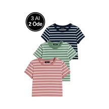 Kadın 3'lü Paket Yeşil-pembe-mavi Crop Tişört Pamuk Bisiklet Yaka T-shirt Çok Renkli