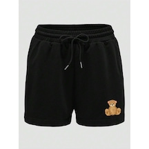 Bear Print Drawstring Waist Şort Siyah