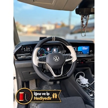 Vw Tiguan 3 Dikme Direksiyon Kılıfı Delikli Deri Parlak Siyah Bej Detay Çift Yüzük Ve Dikiş 2024-2026