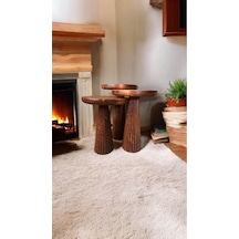 Wood Wooden Ahşap 3 Lü Set Fitilli Mantar Yan Sehpa Modern Fındık Renk Fiskos Kahverengi