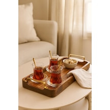 Ahşap Servis Tepsisi Altın Renk Metal Kulplu Dikdörtgen Çay Ve Kahve Sunum Tepsisi 48x18x5.8 Cm Kahverengi