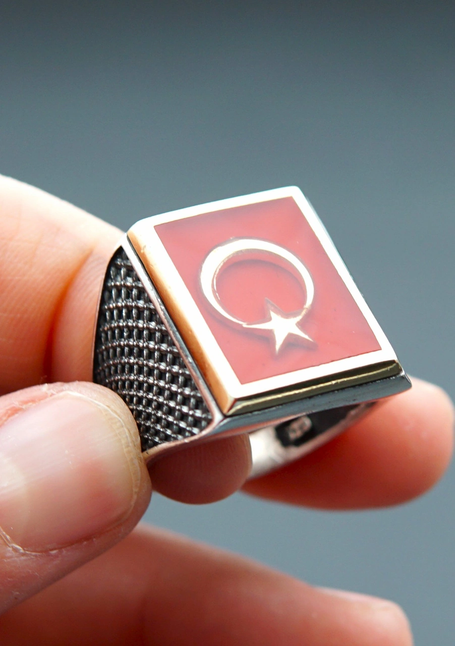 925 Ayar Gümüş Ay Yıldız Mineli Erkek Yüzük Sy00086 Gümüş