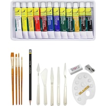 Fanart Academy Yağlı Boya Seti 12x12ml Daler Rowney 4'lü Fırça Seti Plastik Spatül Dereceli Kalem