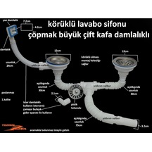 Çöpmak Körüklü Sifon Damlalıklı Çiftli Büyük Kafa Evye Sifonu Lav