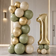 0 Yaş Gold Retro Doğum Günü Seti Küf Yeşili Kum Beji Gold Balonlar Gold Folyo Rakam Parti Süsleme Altın