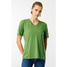 Kadın V Yaka Flamlı Kumaş Basic Tshirt A.yeşil Yeşil